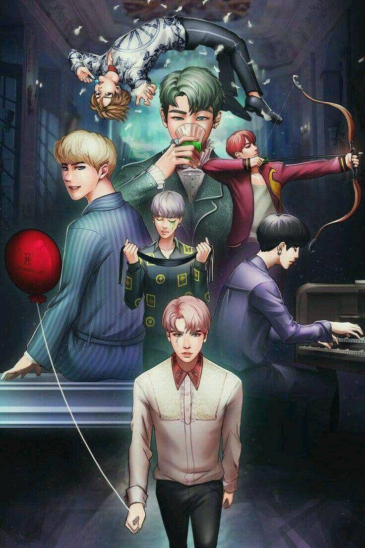 BTS 桌布 壁紙 — 七個風格化的動畫男性在昏暗的房間裡進行各種活動，如彈鋼琴、喝酒和射箭，周圍有漂浮的氣球和羽毛。