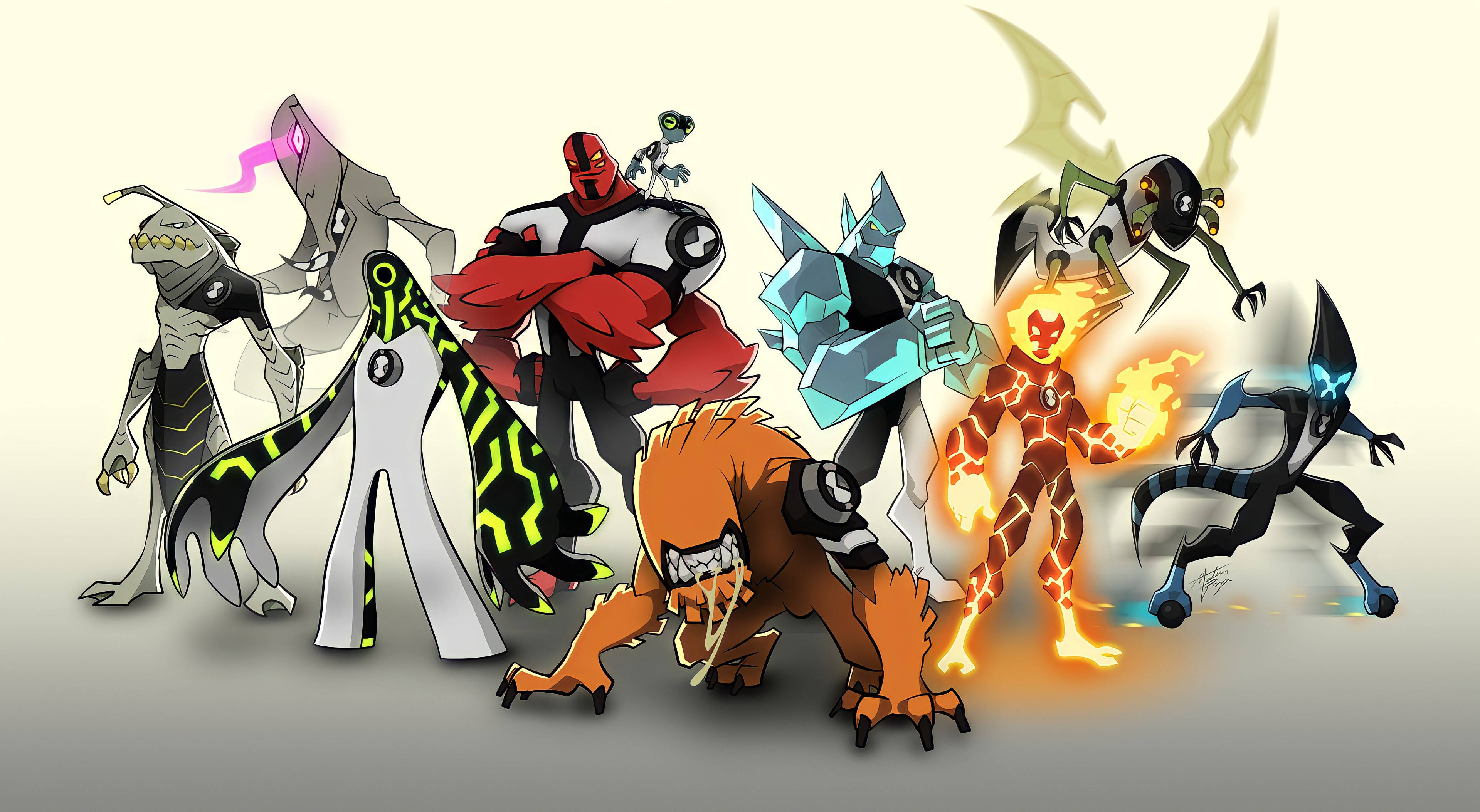 Ben 10 桌布 壁紙 — 七個風格化的外星超級英雄的動態陣容，擁有發光能力和獨特的生物機械設計。