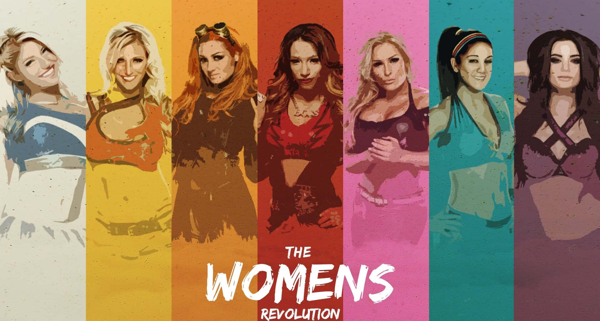 becky lynch 桌布 壁紙 — 七個風格化的女性穿著運動服，站在鮮豔的垂直色塊前，粗體文字寫著 The Women's Revolution。