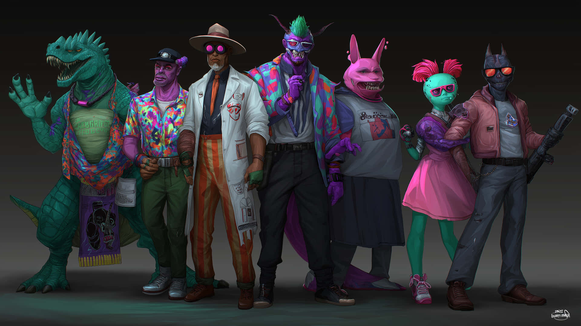 Diverse Group of Quirky Anthropomorphic Characters Posing 壁紙 — 七個風格化的擬人化怪物穿著色彩繽紛的復古服裝，在深色漸變背景前自信地擺姿勢。