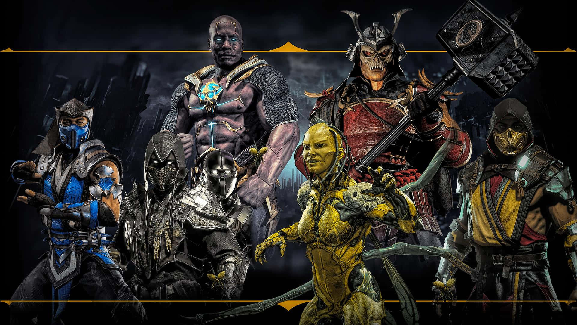 Mortal Kombat Jax 桌布 壁紙 — 七個風格化的格鬥遊戲角色，身穿暗色盔甲和面具，在陰影城市背景下挑釁地擺出姿勢。