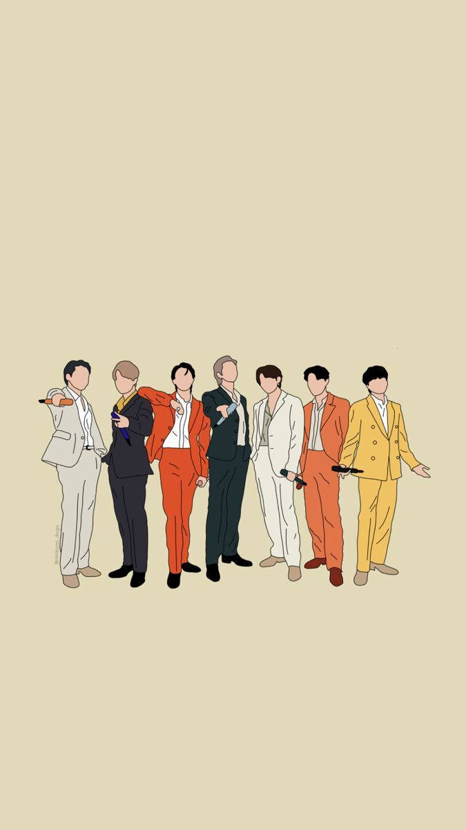 BTS 2021 桌布 壁紙 — 七個風格化的男人穿著色彩繽紛的西裝，排成一排站在米色背景前，每人手持一把槍。