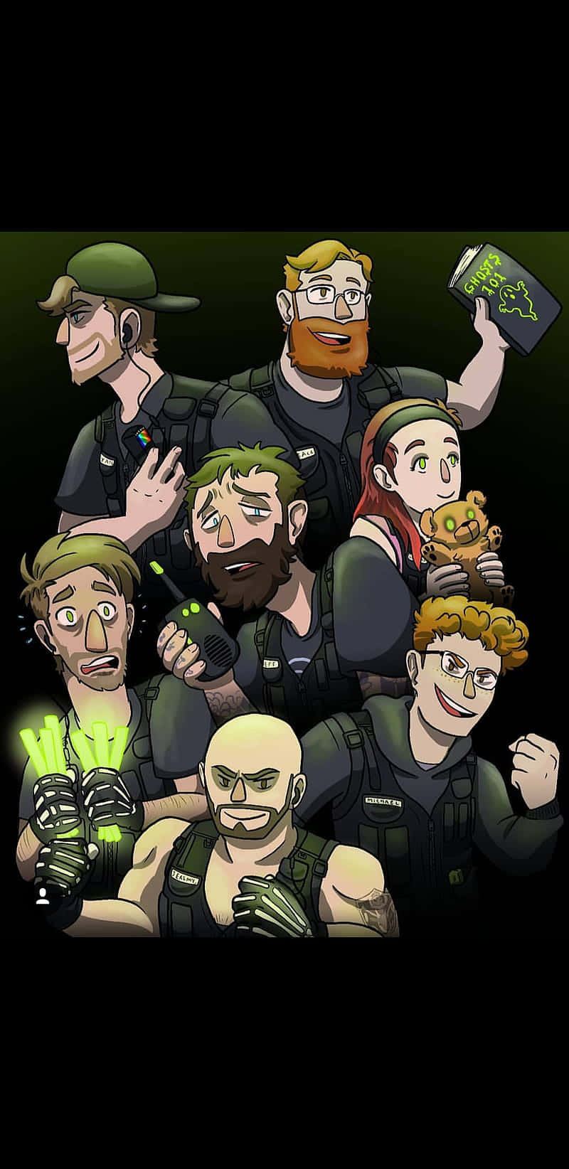 achievement hunter 桌布 壁紙 — 七個風格化的男性角色身穿戰術裝備，在黑暗背景前拿著發光的綠色科技產品和一個泰迪熊擺姿勢。