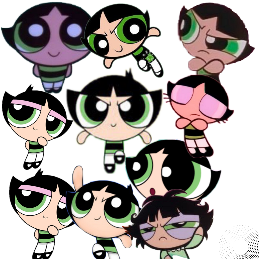 Powerpuff Girls 桌布 壁紙 — 七個飛天小女警角色在黑色背景上以動態群體姿勢漂浮，每個都有獨特的表情和顏色編碼的眼睛。