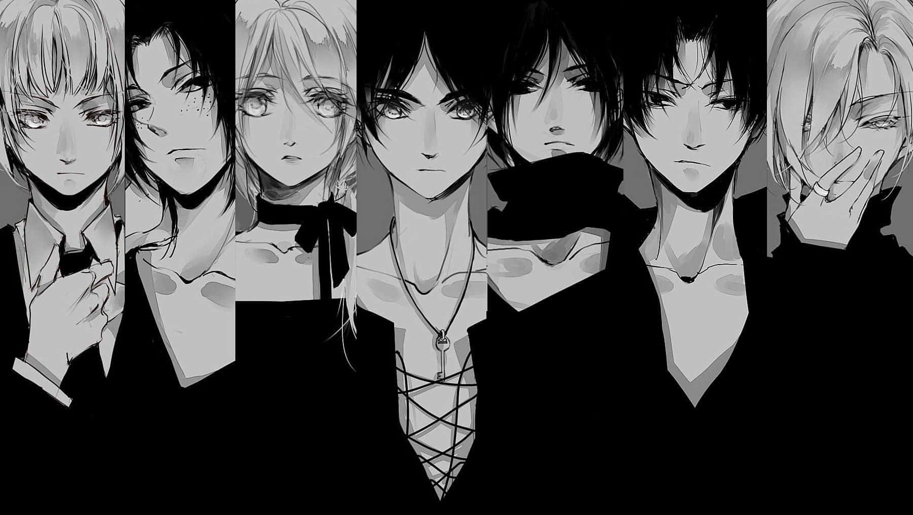 Manga Series 桌布 壁紙 — 七個黑白動漫角色，表情嚴肅，穿著正式服裝，垂直排列。