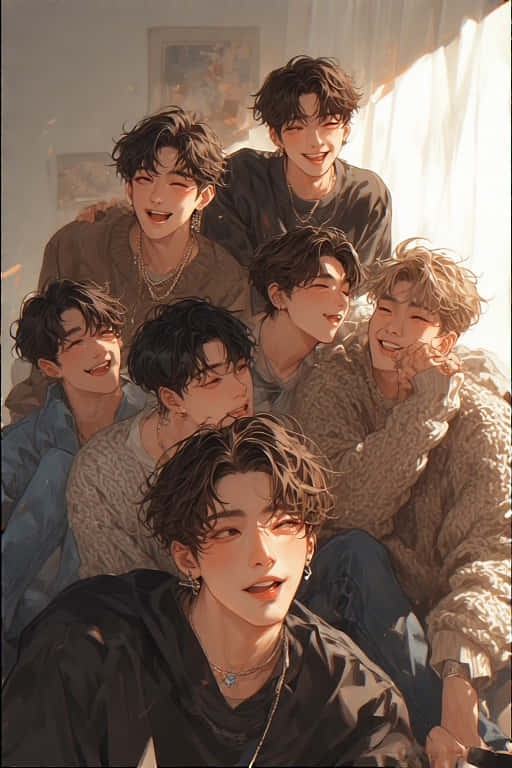 Realistic Casual K-pop Group Wallpaper Inspired by BTS 壁紙 — 七個黑髮、戴著多層項鍊的年輕男子在透過窗戶的柔和金色陽光中一起大笑。