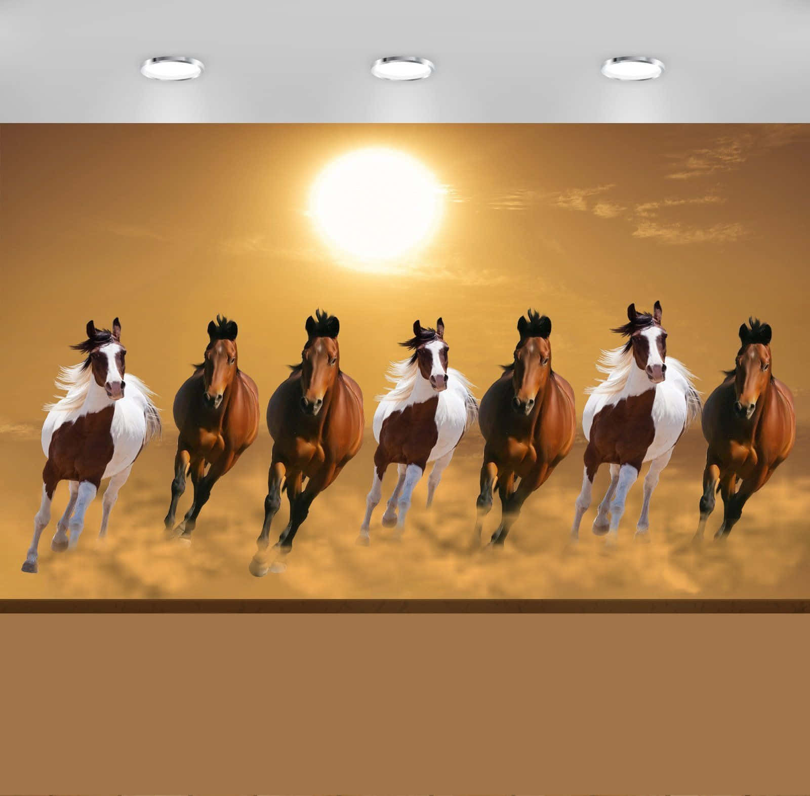 7 Horses 桌布 壁紙 — 七匹奔騰的駿馬，鬃毛飄揚，在熾熱的太陽下奔馳過金色的沙漠。