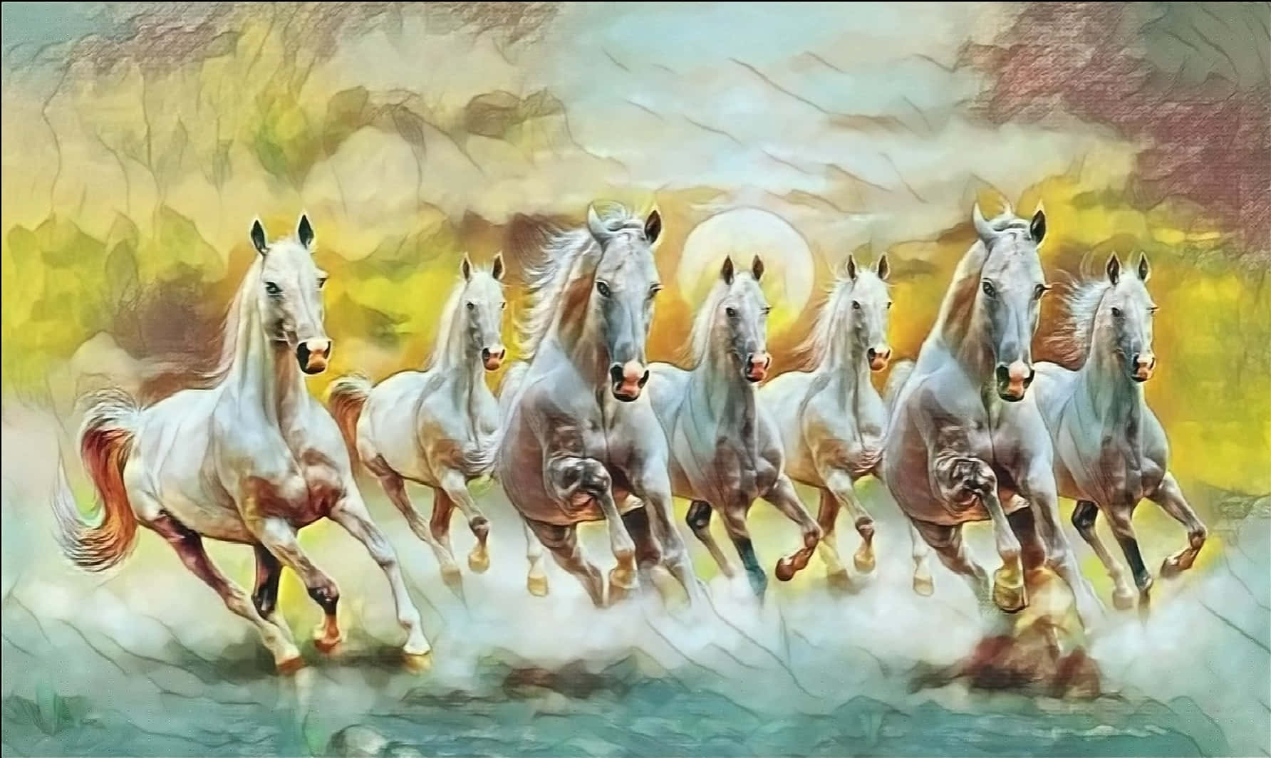 animals 桌布 壁紙 — 七匹白馬在迷霧地形中強勁奔馳，背後是耀眼的太陽，呈現充滿活力的繪畫風格。