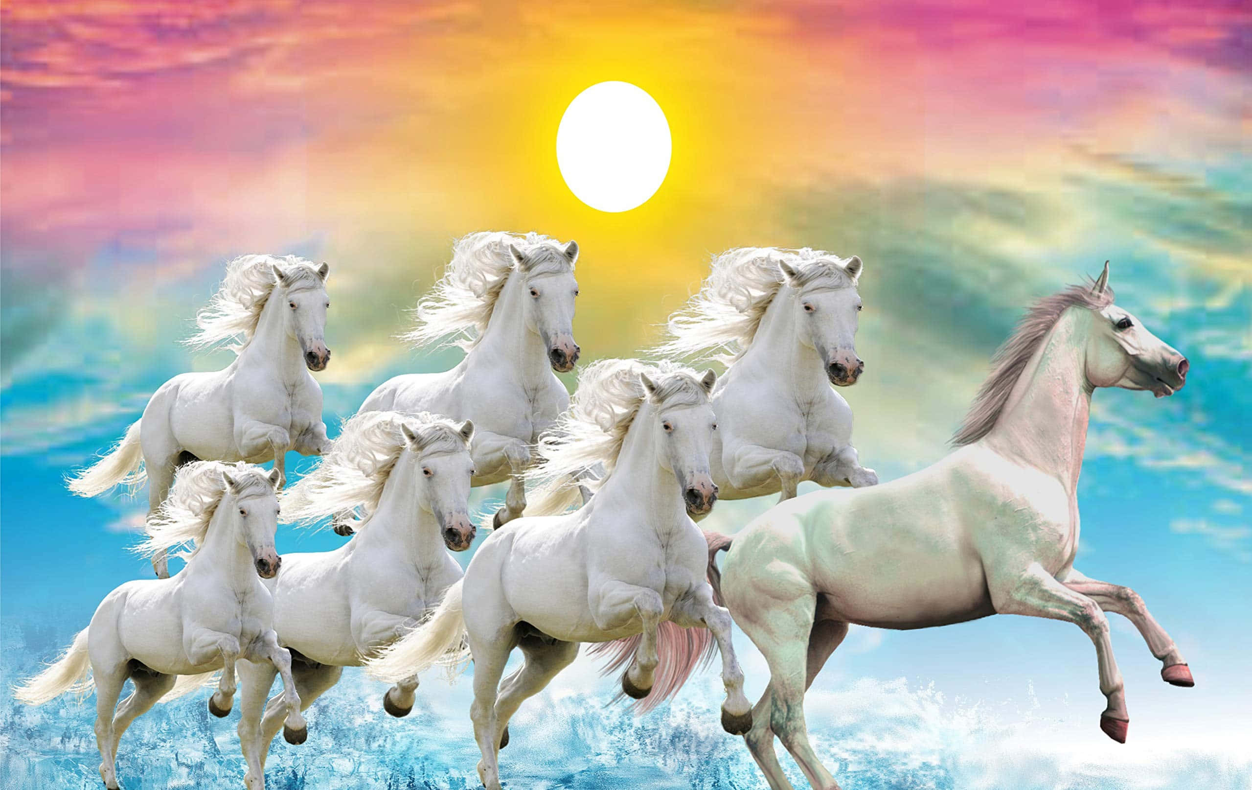7 Horses 桌布 壁紙 — 七匹雄偉的白馬在充滿燦爛陽光和柔和雲彩的超現實天空中動態奔騰。