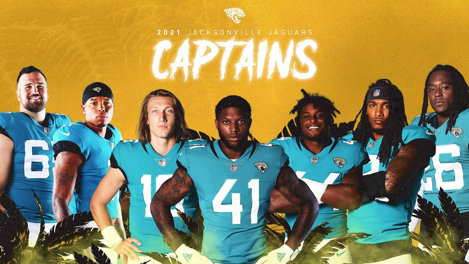 Jaguars 桌布 壁紙 — 七名傑克遜維爾美洲虎隊的足球隊長穿著青綠色球衣，在金色紋理背景和熱帶樹葉前自信地擺姿勢。