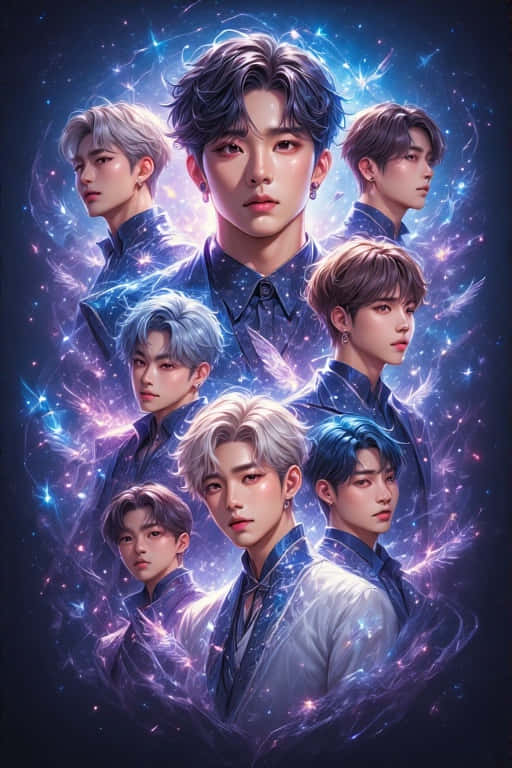 Fantasy Realistic K-pop Group 壁紙 — 七名年輕男子，擁有時尚髮型和藍色服裝，在宇宙星空中閃耀，伴隨著輻射能量軌跡。