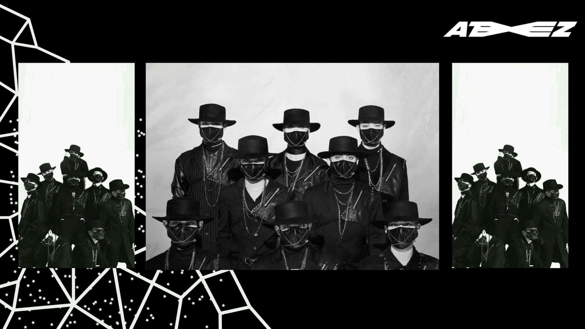 Ateez Desktop 桌布 壁紙 — 七名戴著軟呢帽和皮夾克的蒙面男子在純色背景前擺姿勢的黑白群體肖像。