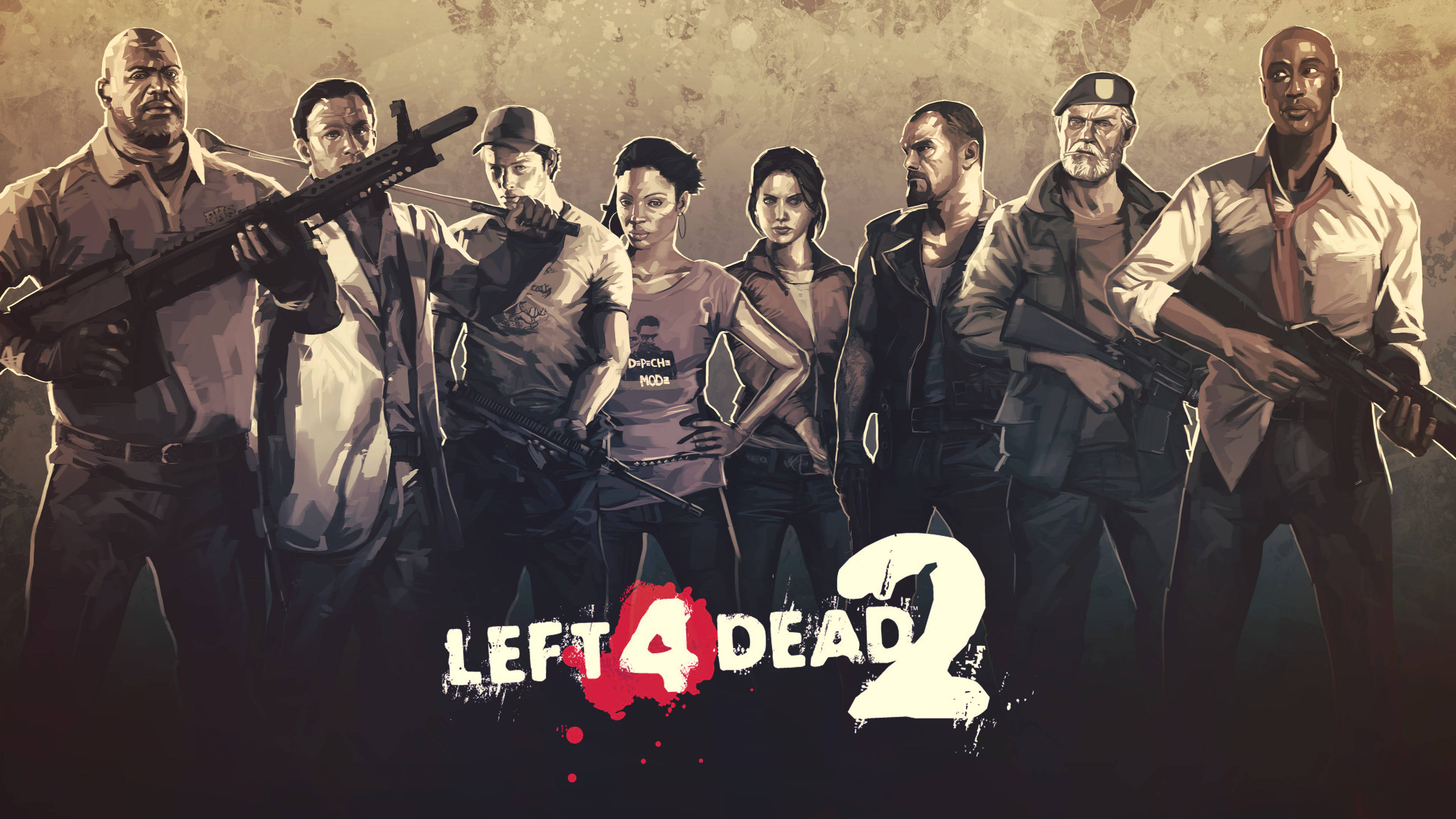 dead 桌布 壁紙 — 七名武裝倖存者挑釁地站在Left 4 Dead 2的粗糙、懷舊色調遊戲海報中。