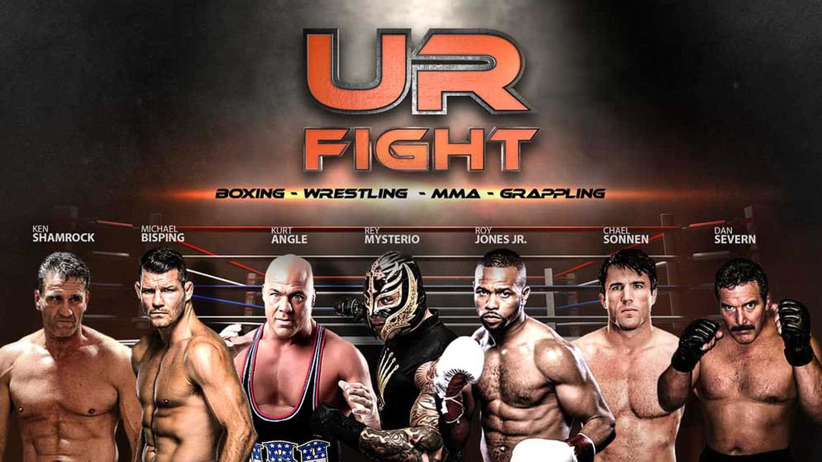 poster 桌布 壁紙 — 七名肌肉發達的拳手站在拳擊台上，上方有發光的「UR FIGHT」文字，下方列出搏擊運動項目。