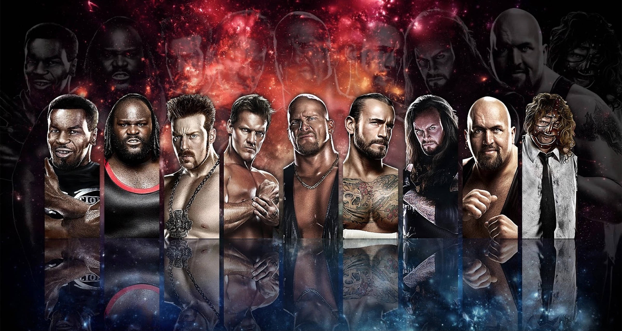 WWE 桌布 壁紙 — 七名肌肉發達的摔角手排成一排，背景是宇宙紅藍星雲，下方有他們的倒影。