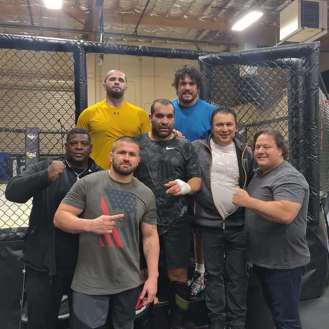 MMA 桌布 壁紙 — 七名肌肉發達的男子在明亮的頭頂燈光下，自信地在MMA籠內擺姿勢。