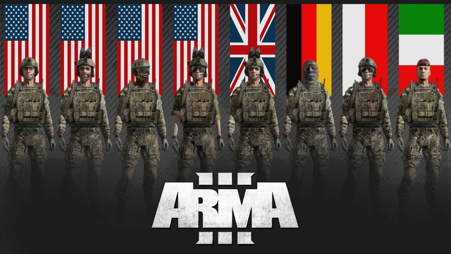 arma 桌布 壁紙 — 七名身穿戰術裝備的士兵站在美國、英國、德國、義大利等國旗前，下方有Arma III標誌。