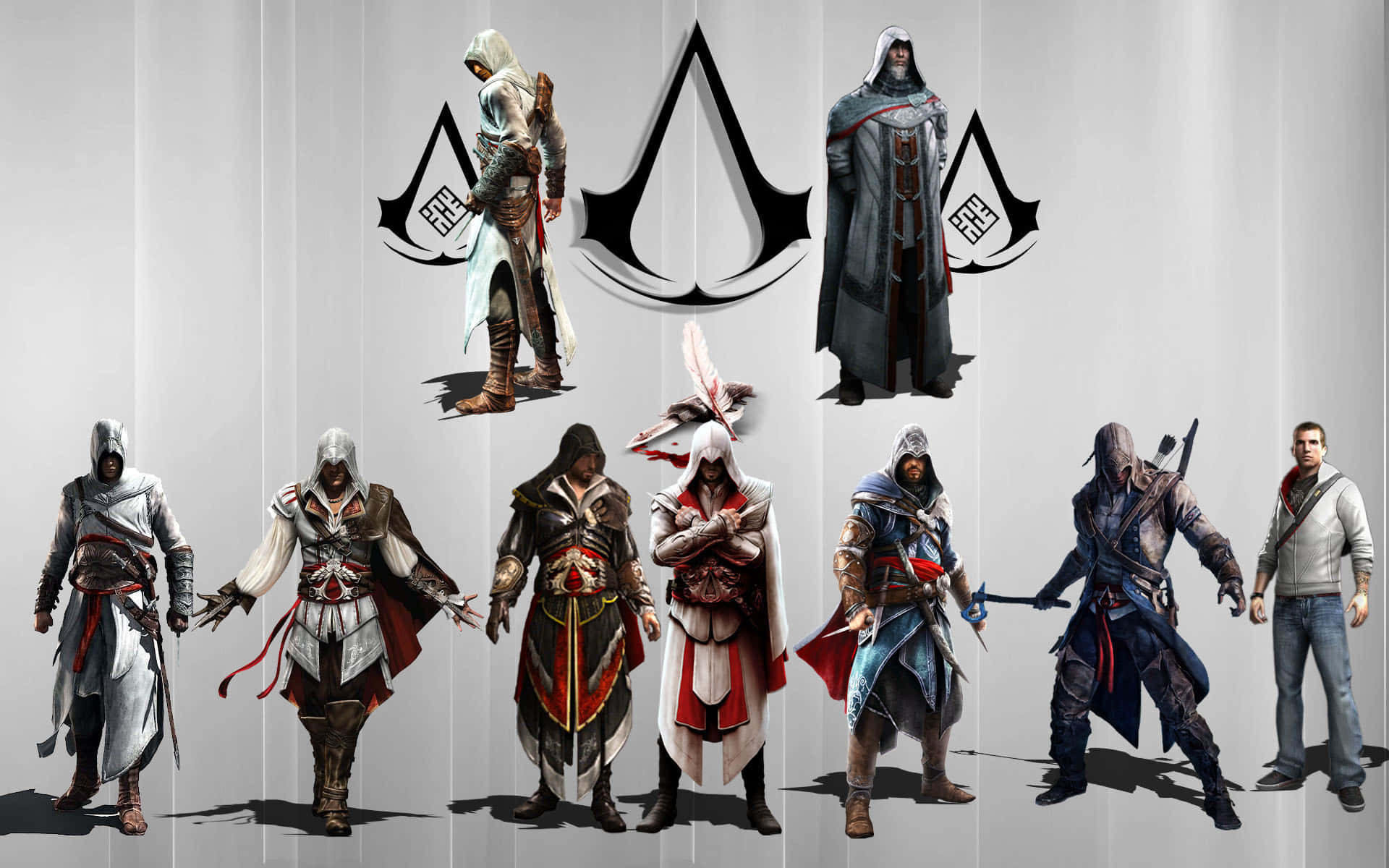 Assassin's Creed Altair 桌布 壁紙 — 七名身穿標誌性連帽長袍、手持武器的刺客，站在帶有刺客教條標誌的灰色牆壁前。