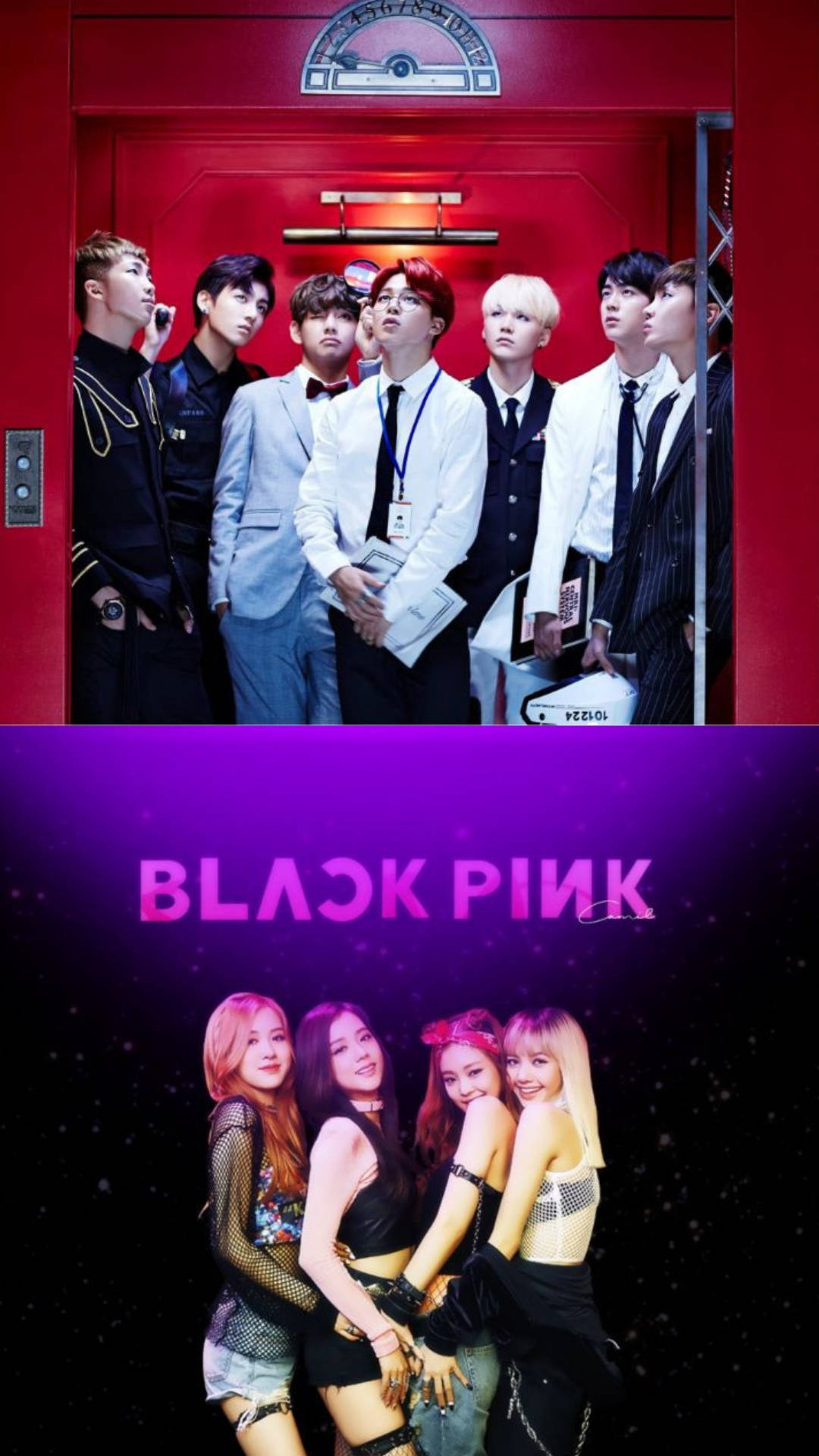 BTS 和 BLACKPINK 桌布 壁紙 — 七名身穿正裝的男子站在紅色電梯內，而四名穿著前衛服裝的女子在發光的粉紅色文字下擺姿勢。