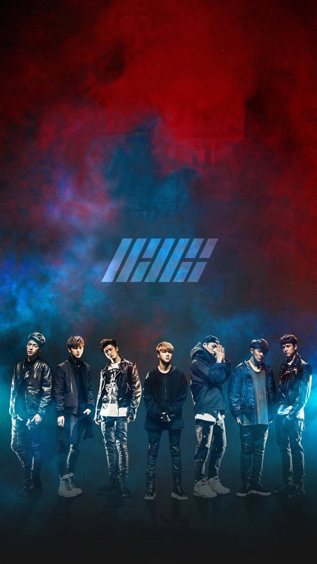Ikon 桌布 壁紙 — 七名身穿深色街頭服飾的男子排成一列，背景是戲劇性的紅藍煙霧，上方有發光標誌。