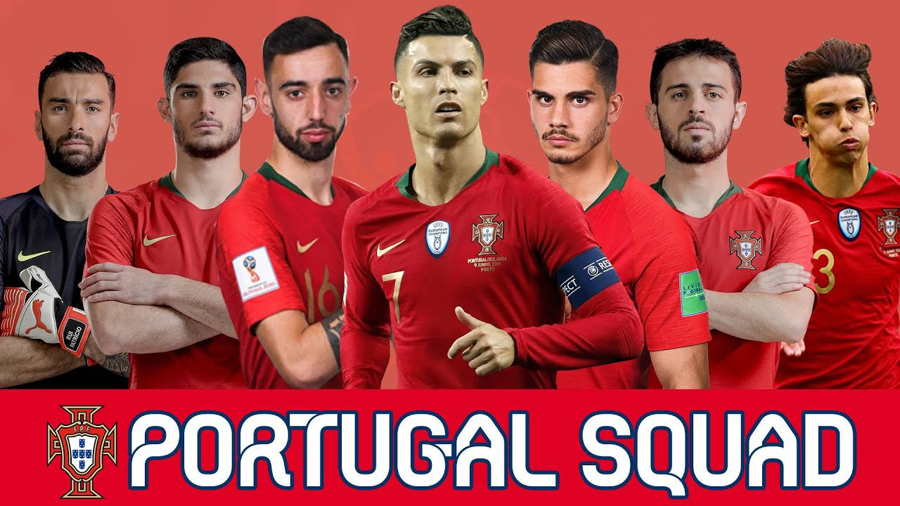 Portugal 桌布 壁紙 — 七名身穿紅色球衣的葡萄牙足球員自信地在純紅色背景前擺姿勢，下方有「PORTUGAL SQUAD」文字。