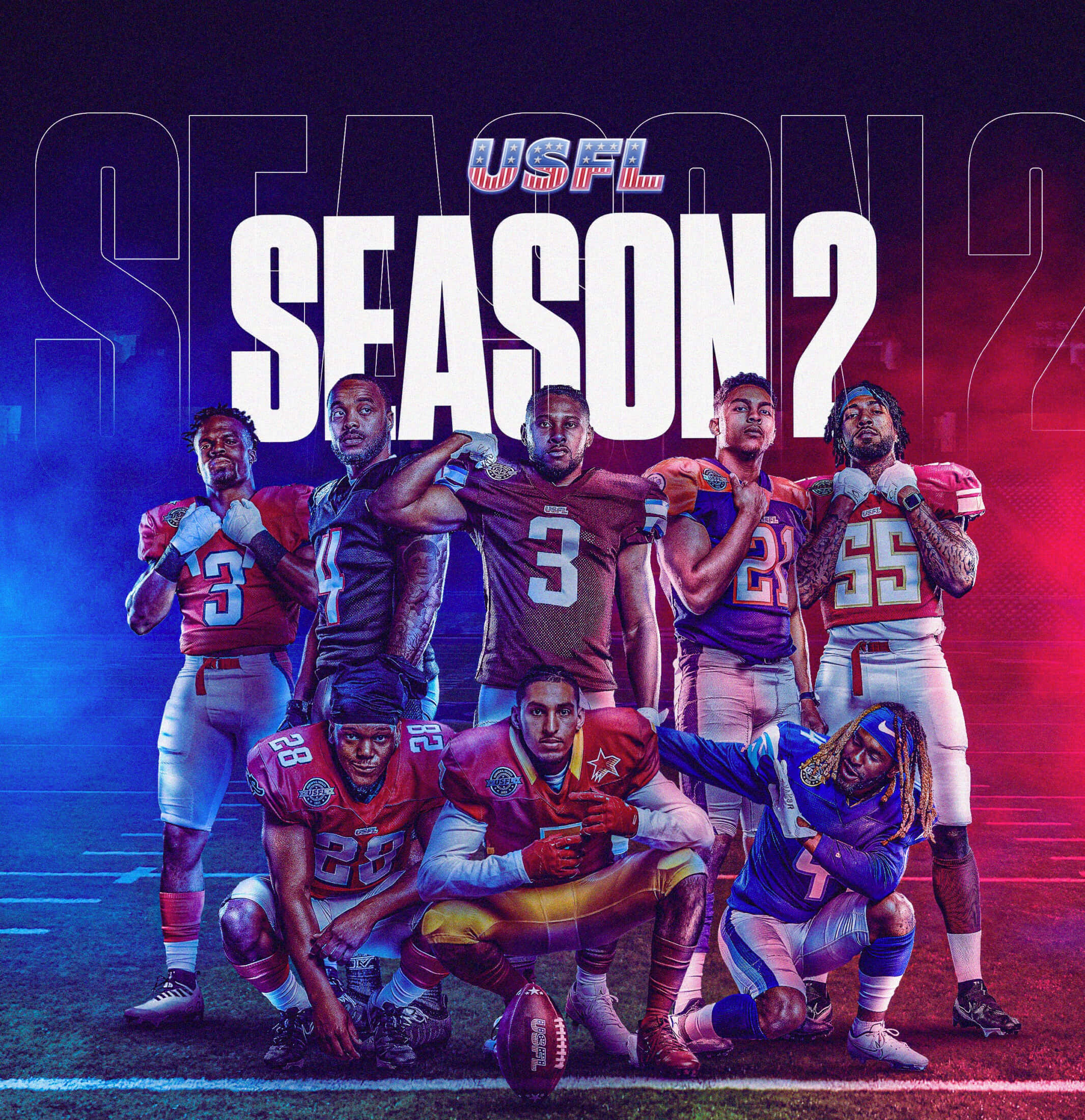 Usfl 桌布 壁紙 — 七名身穿鮮豔球衣的USFL美式足球員在球場上自信地擺姿勢，背景是戲劇性的藍色和紅色燈光，並帶有「SEASON 2」文字。