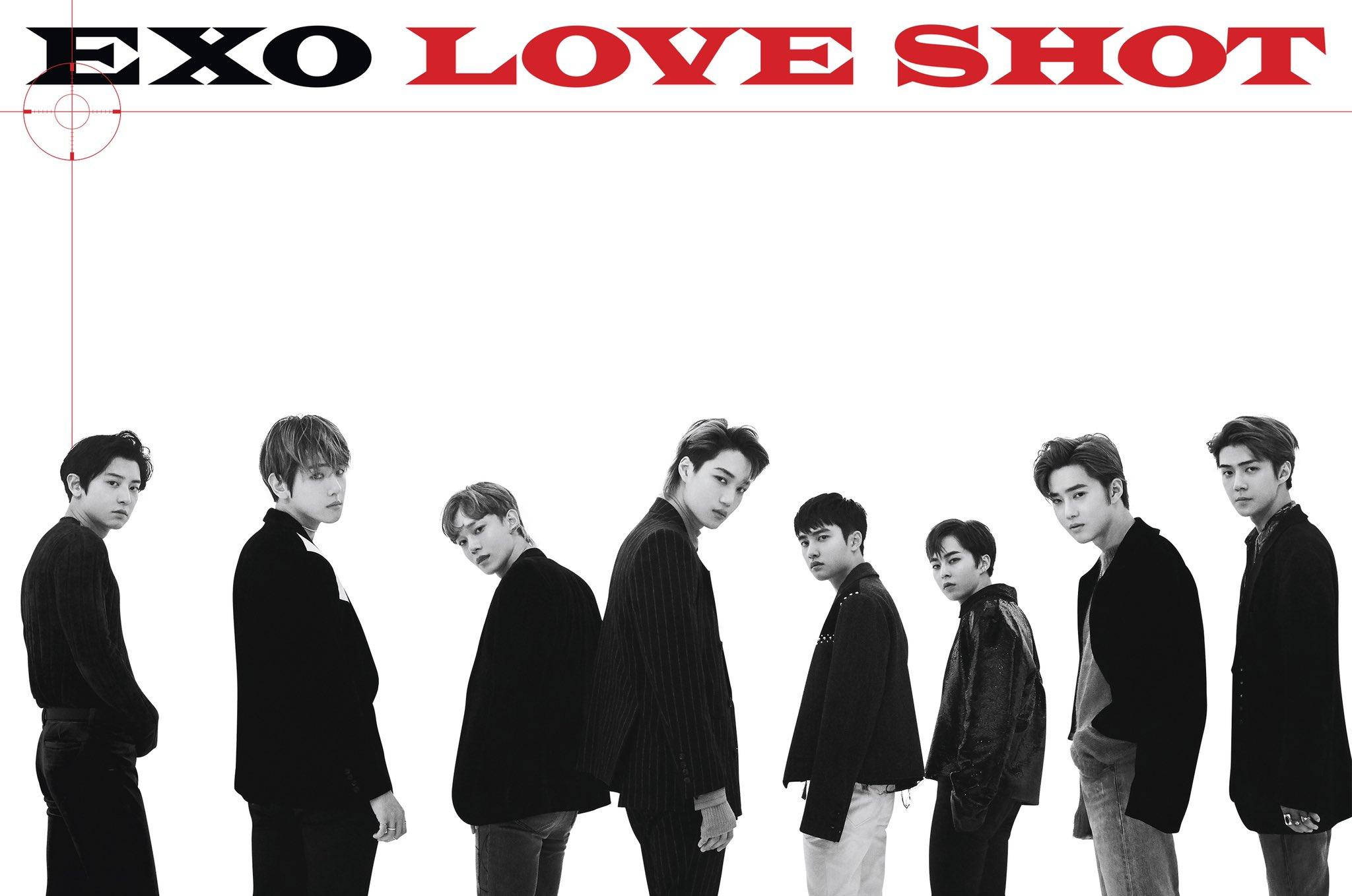 EXO 桌布 壁紙 — 七名身穿黑色服裝的男子在純白色背景前擺姿勢，上方有粗體紅黑文字寫著 EXO LOVE SHOT。
