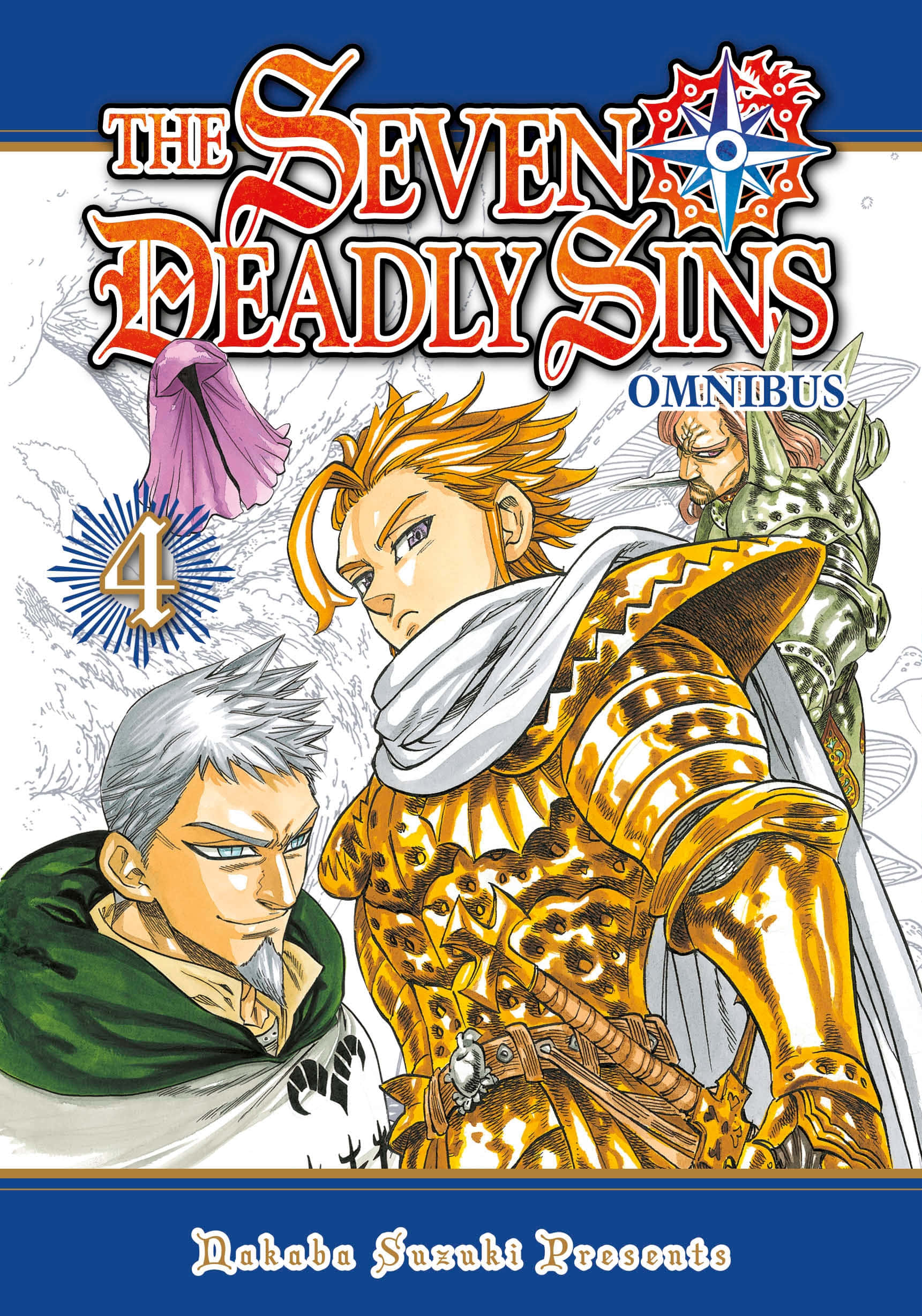 The Seven Deadly Sins 桌布 壁紙 — 《七大罪》合訂本4的封面藝術， featuring 三個身穿精細盔甲的動漫角色，配以粗體紅色標題和藍色邊框。