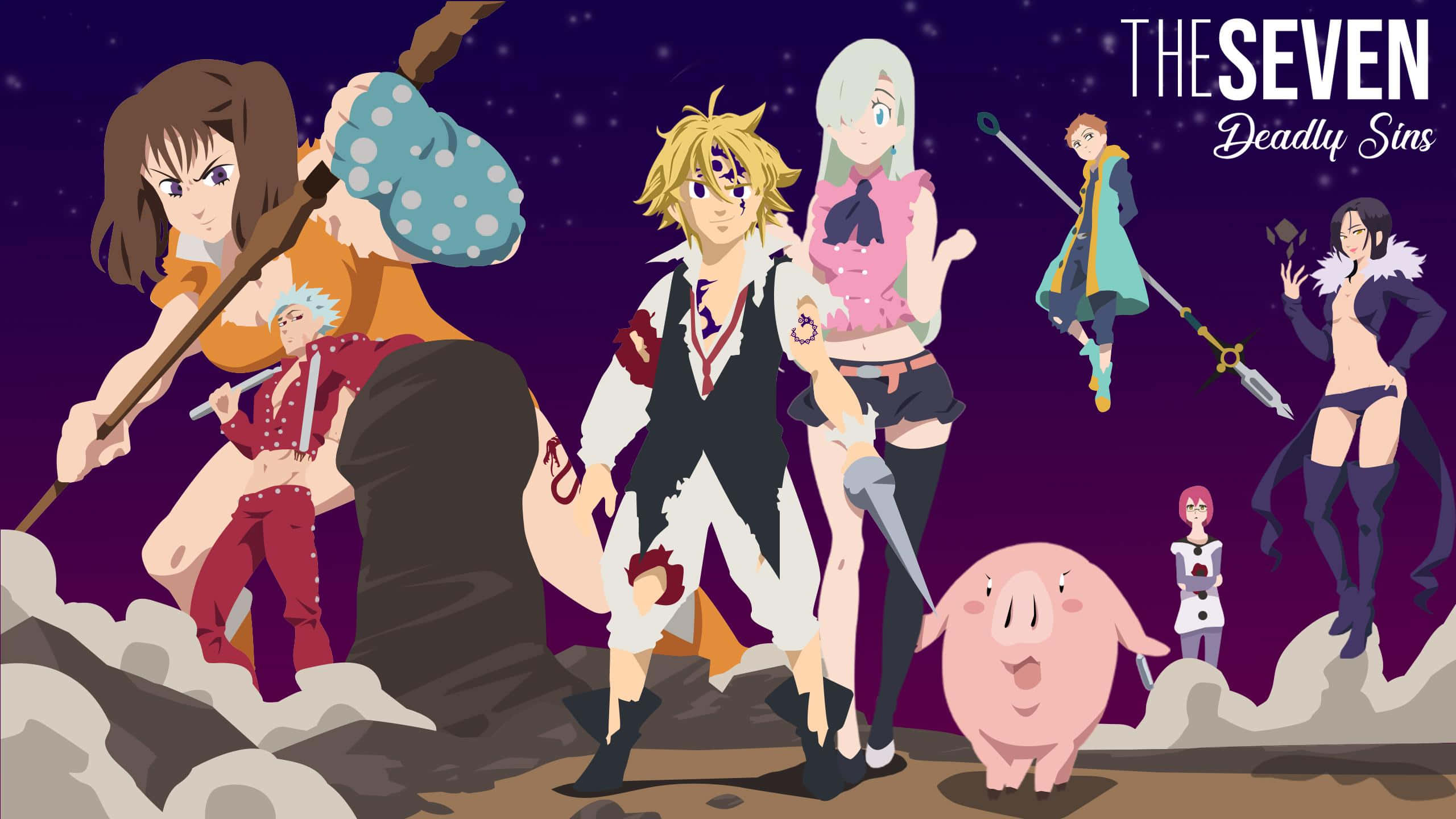 Seven Deadly Sins Diane 桌布 壁紙 — 《七大罪》的動畫角色英勇地站在雲端上，背景是繁星點點的紫色夜空，下方有一隻粉紅色的豬。
