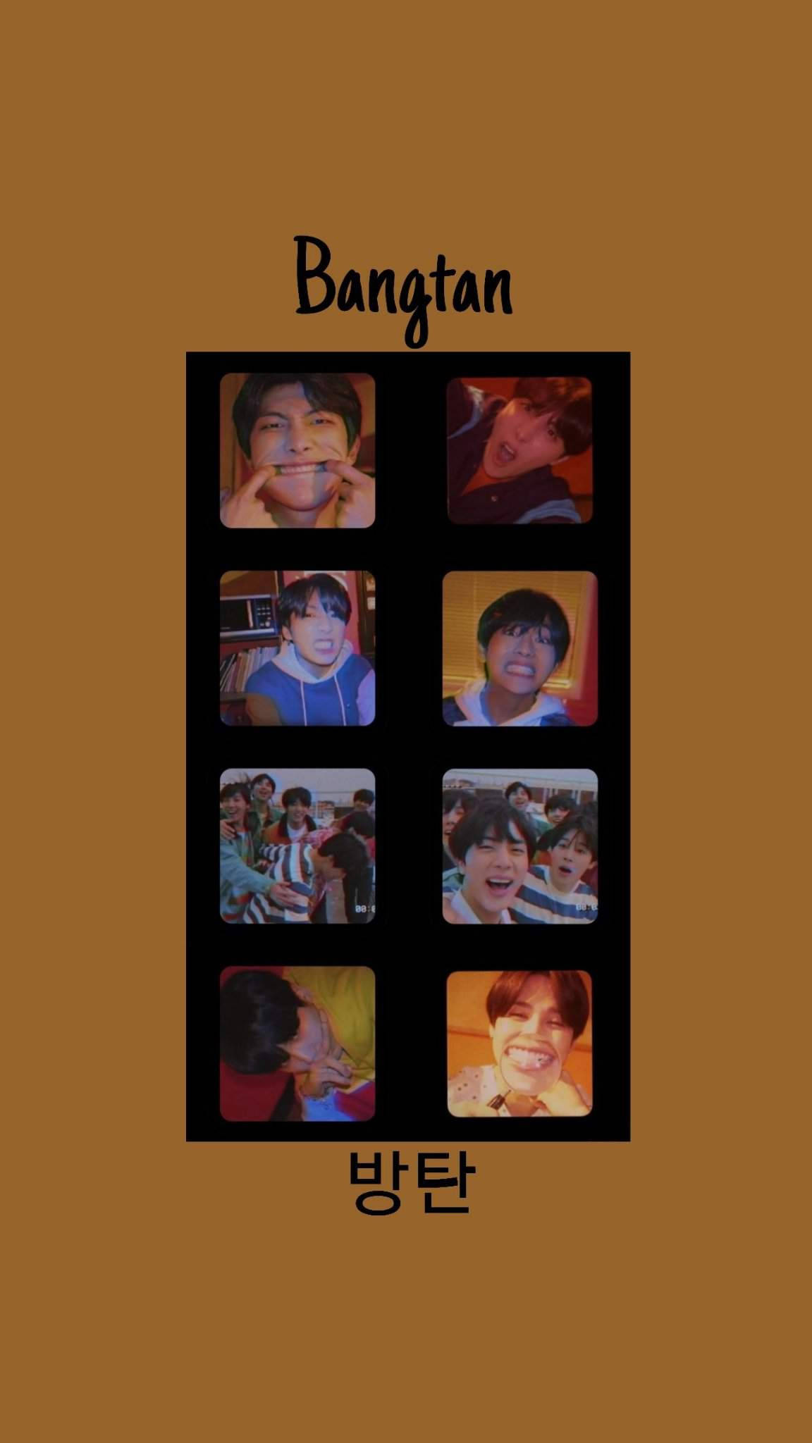 美學 BTS 桌布 壁紙 — 七張Bangtan成員微笑擺姿勢的隨拍照片拼貼，背景為純棕色，組名寫在上方和下方。