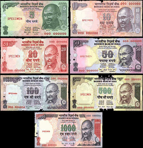 Indian Money 桌布 壁紙 — 七張印度盧比紙幣，上面有聖雄甘地，以網格排列，面額和顏色各異。