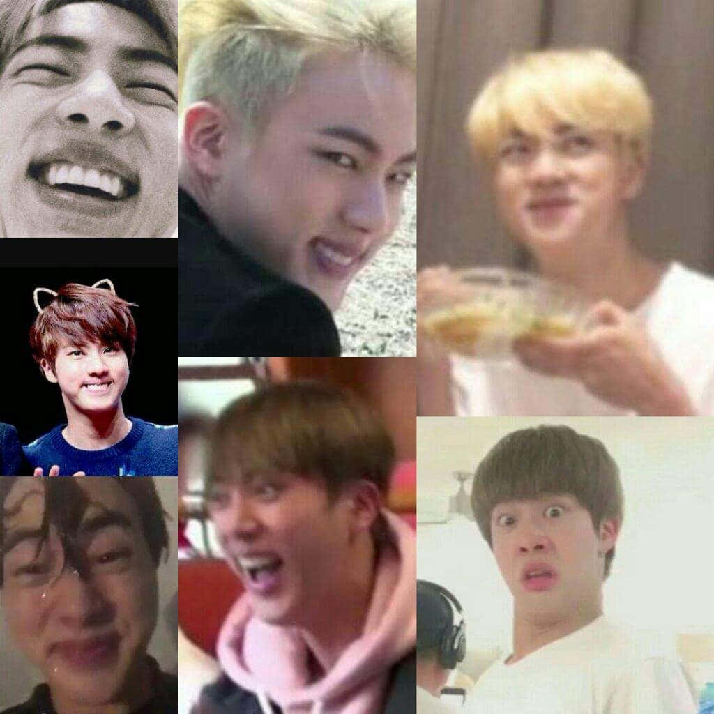 Bts Meme 桌布 壁紙 — 七張年輕男性表情豐富的特寫照片拼貼，展示從大笑到驚訝的各種情緒。