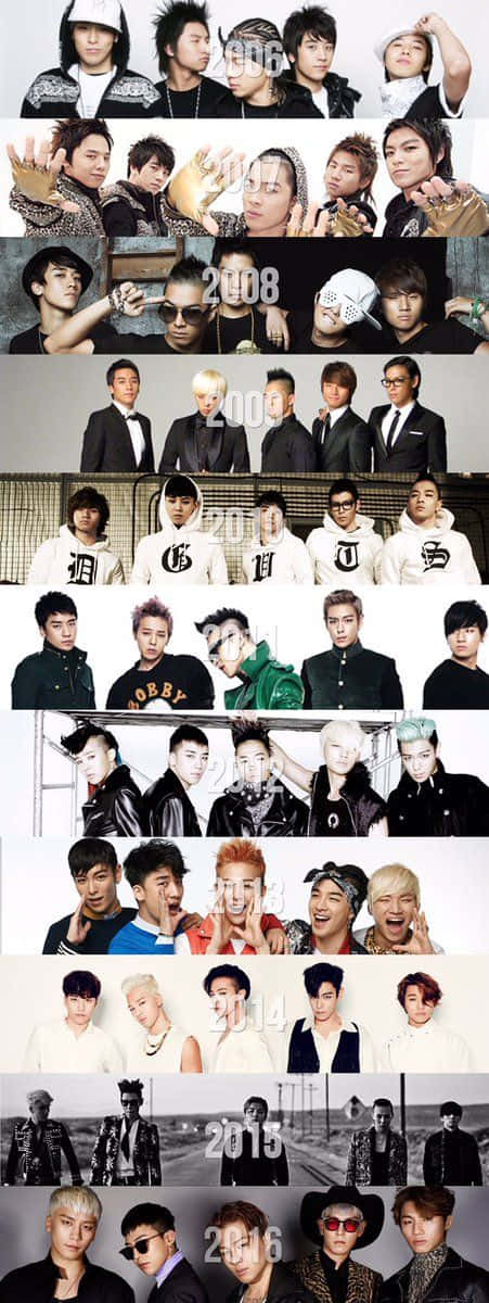 빅뱅 桌布 壁紙 — 七張照片的垂直拼貼，展示一個K-pop團體從2006年到2016年的變化，包括不同的髮型和服裝。