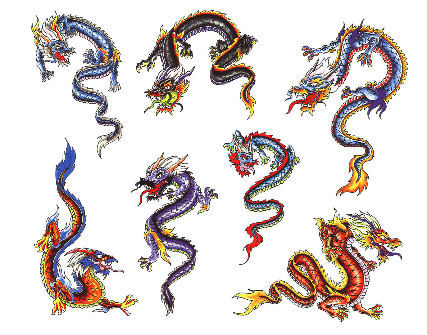 Japanese Dragon Tattoo 桌布 壁紙 — 七條充滿活力的紋身風格龍，以動態姿勢呈現，帶有火焰點綴和詳細鱗片，背景為純白色。