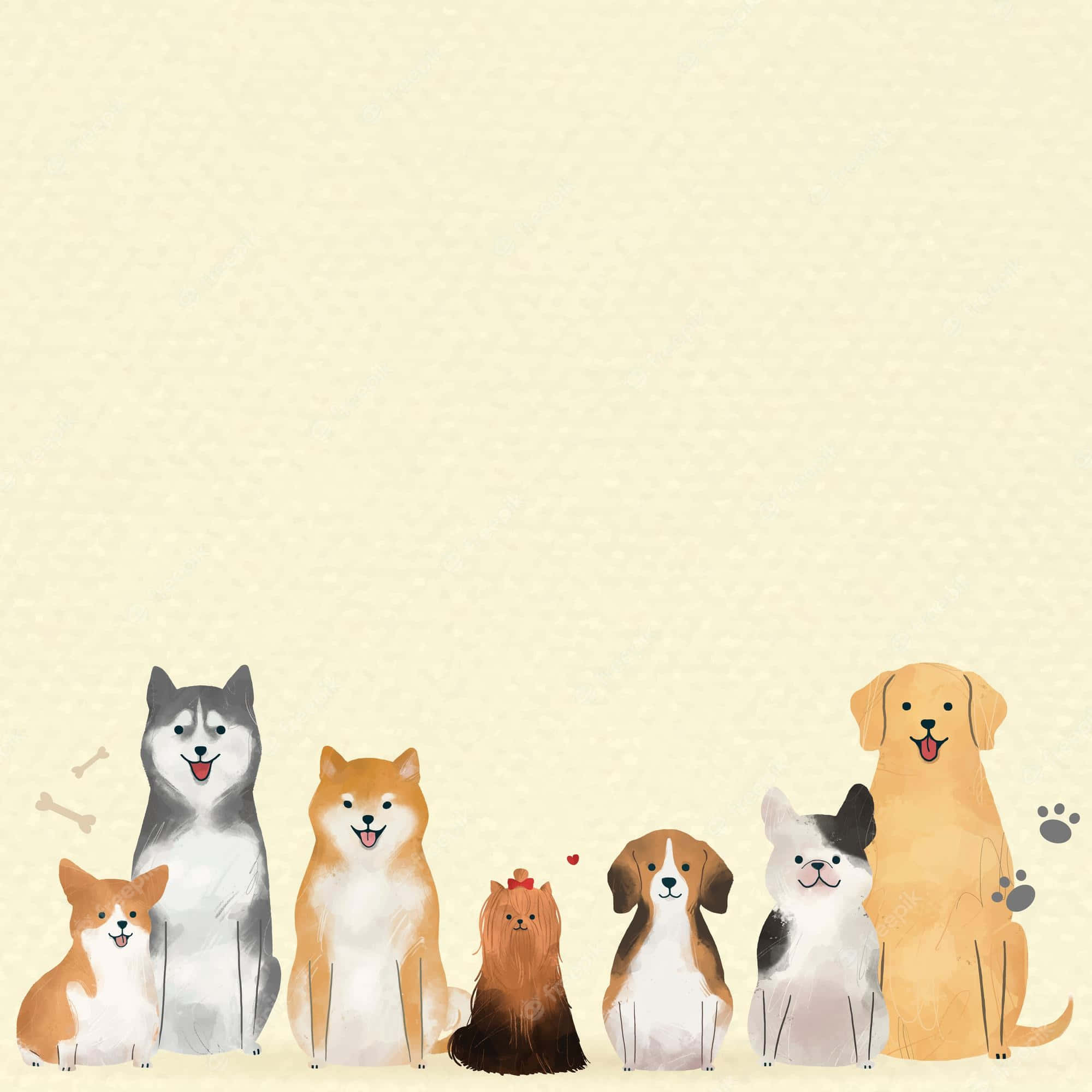 cute dogs 桌布 壁紙 — 七隻不同品種的快樂卡通狗排成一排，坐在柔軟的米色紋理背景前。