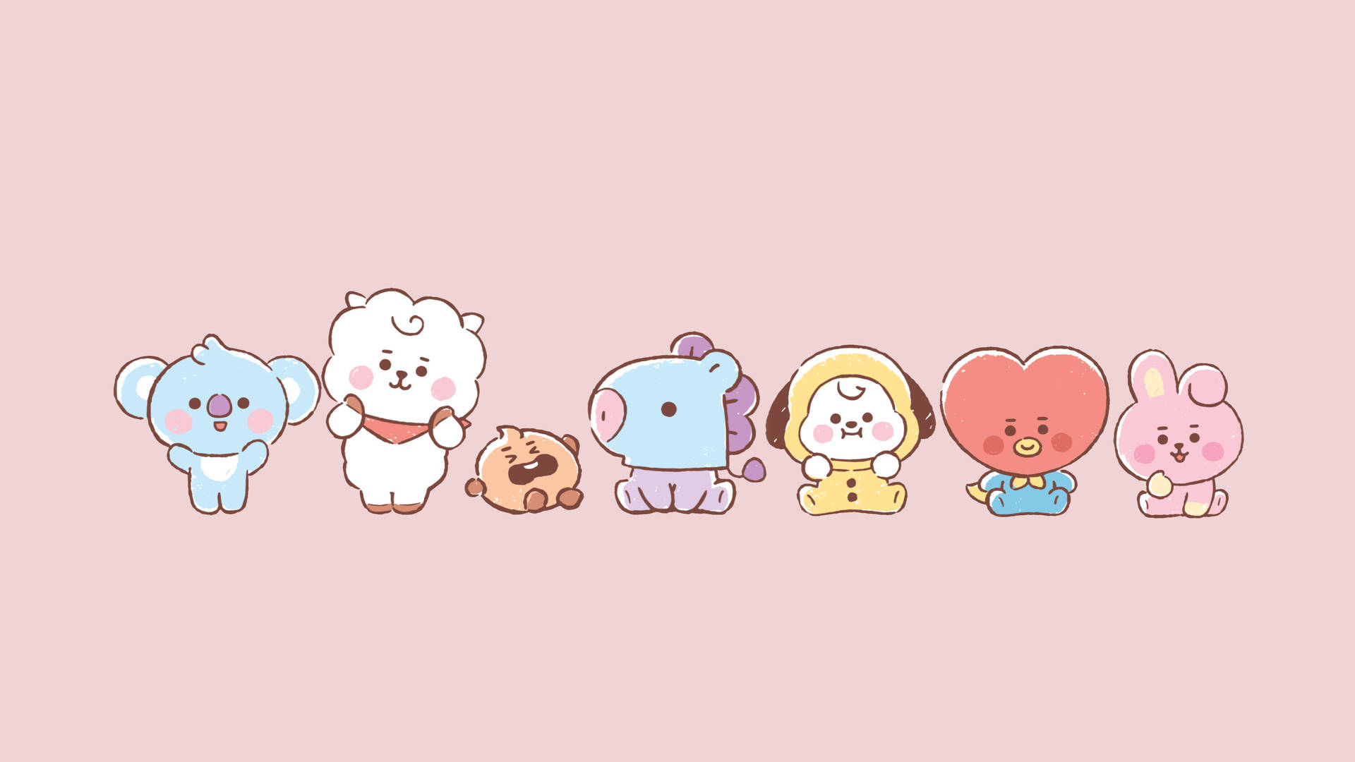 七隻可愛的卡通動物在粉紅色背景上排成一排。 — BT21 GIF 壁紙
