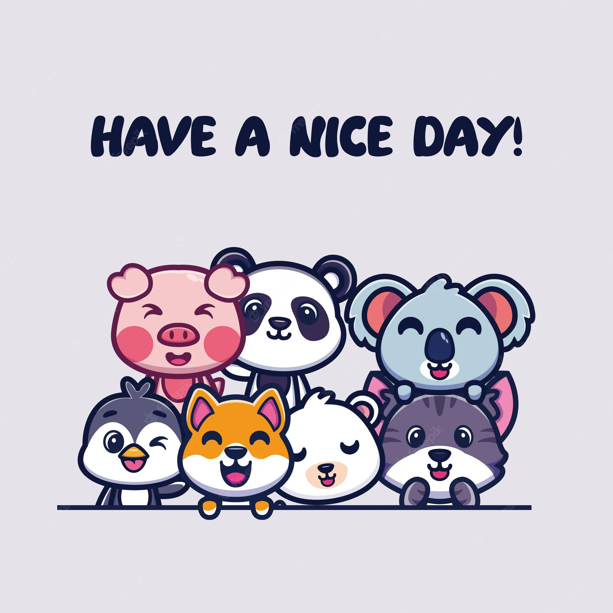 Kawaii Cute Animals 桌布 壁紙 — 七隻可愛的卡通動物在淺灰色背景上，在「HAVE A NICE DAY!」文字下方愉快地微笑。