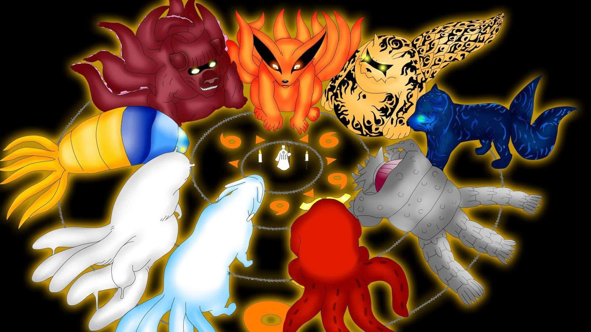 Baby Kurama 桌布 壁紙 — 七隻強大的九尾狐，眼睛發光，色彩鮮豔，環繞著黑色背景中央的發光封印。