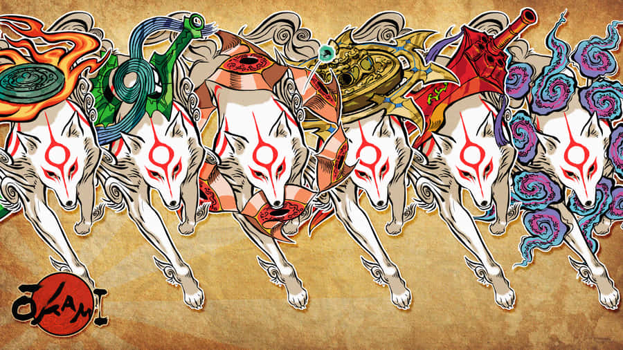 Okami HD 桌布 壁紙 — 七隻有紅色標記的白狐向前衝鋒，每隻都揮舞著獨特的武器，背景是帶紋理的羊皮紙。