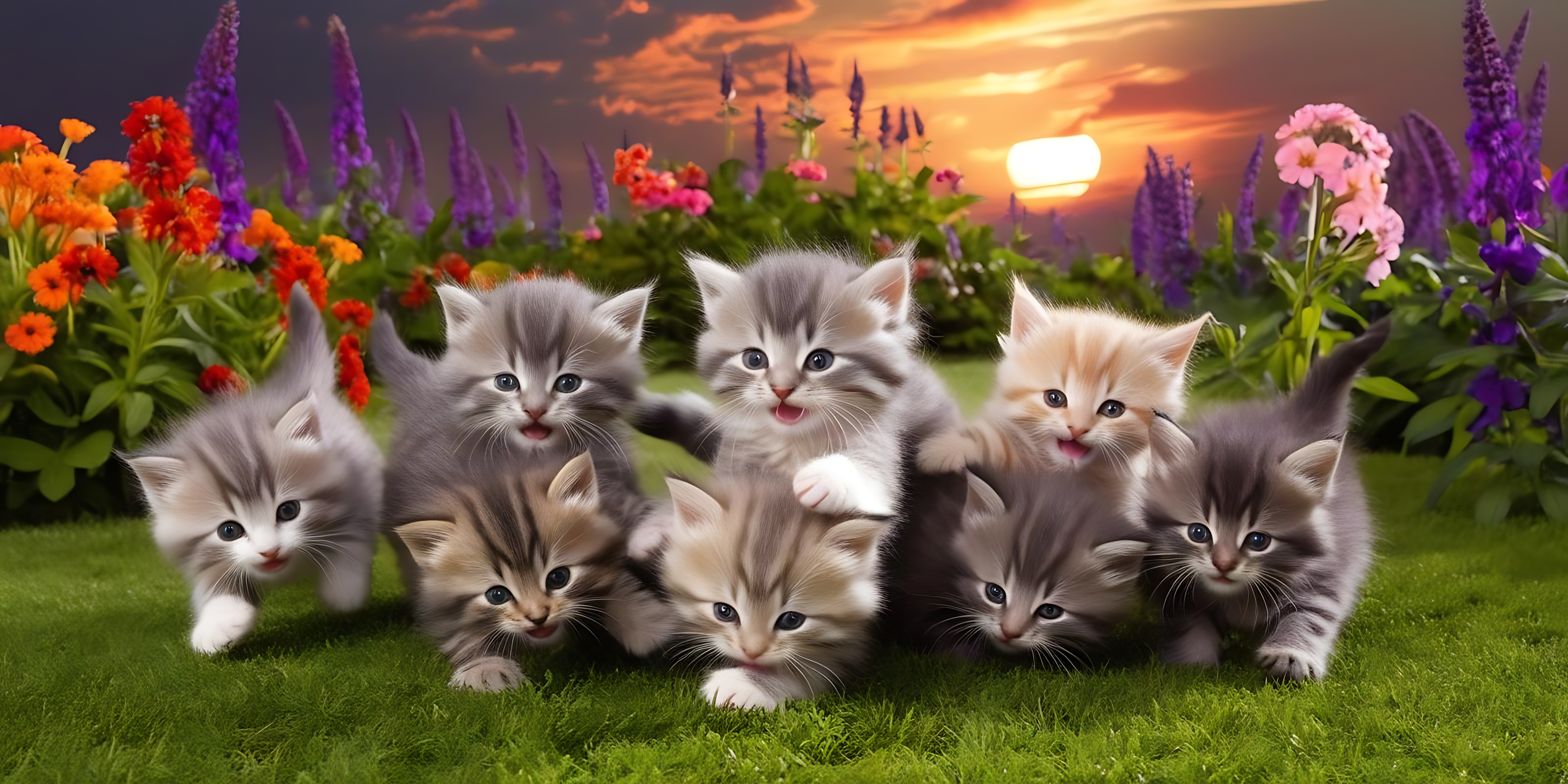 Cats 桌布 壁紙 — 七隻毛茸茸、大眼睛的小貓咪在溫暖的夕陽天空下，坐在充滿活力的綠色草地上，周圍是色彩繽紛的花朵，玩耍嬉戲。