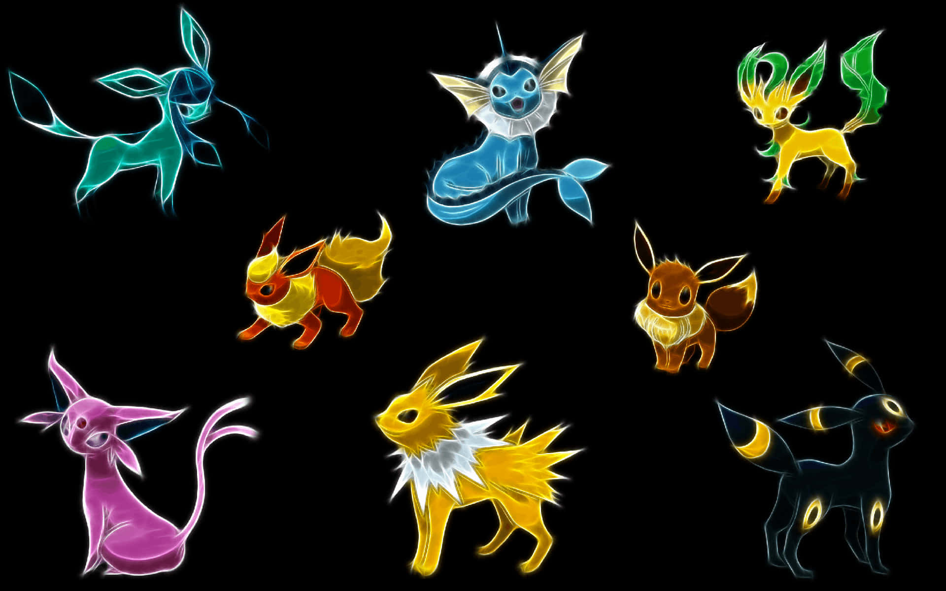 Eevee Evolutions 桌布 壁紙 — 七隻發光的 Pokémon 伊布進化型在純黑背景上散發出鮮豔色彩。