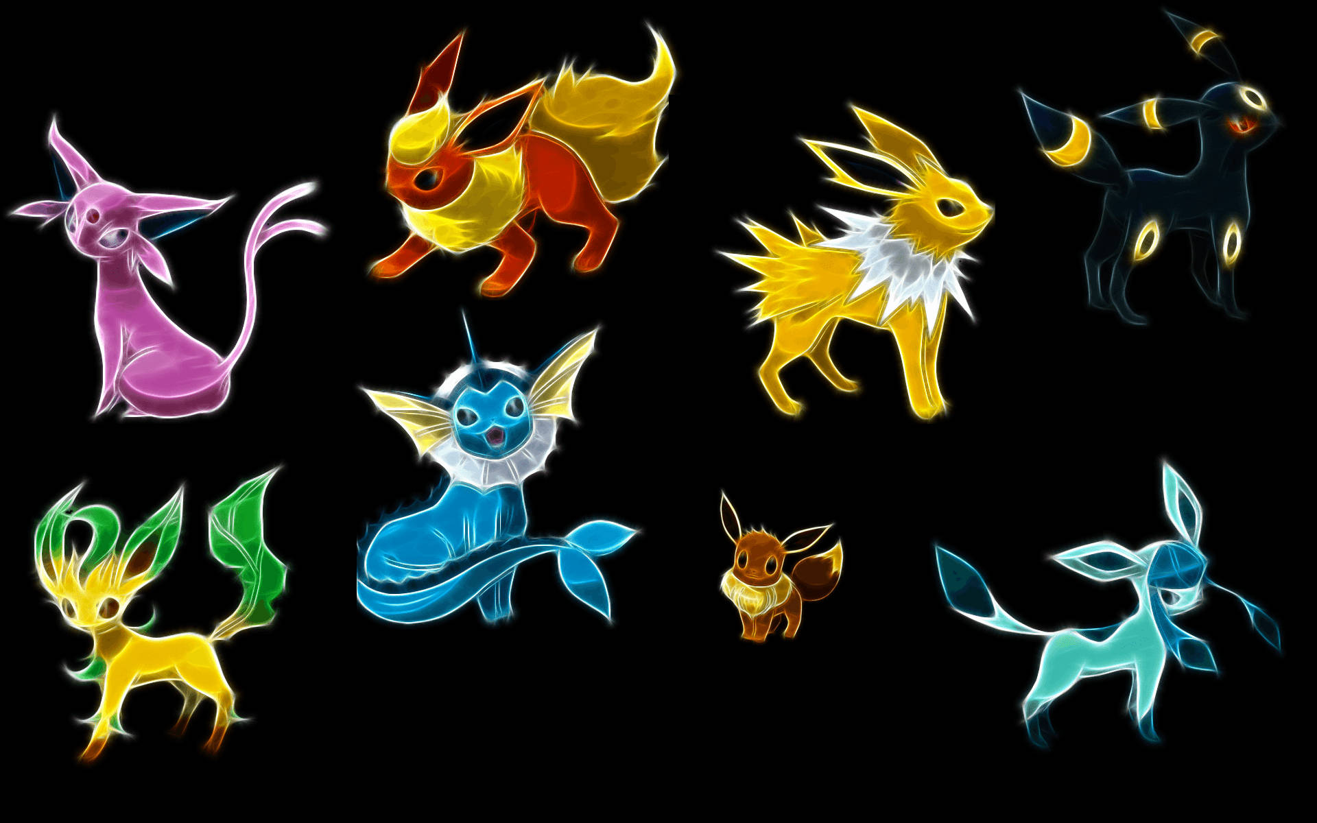 寶可夢 桌布 壁紙 — 七隻發光的 Pokémon 伊布進化型在黑色背景上擺出姿勢，帶有鮮豔的霓虹輪廓和柔和內部照明。