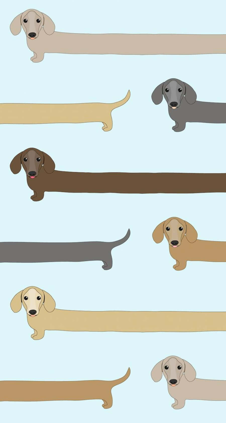 Kawaii Dog 桌布 壁紙 — 七隻臘腸犬以不同姿勢和顏色排列成重複圖案，背景為淺藍色。