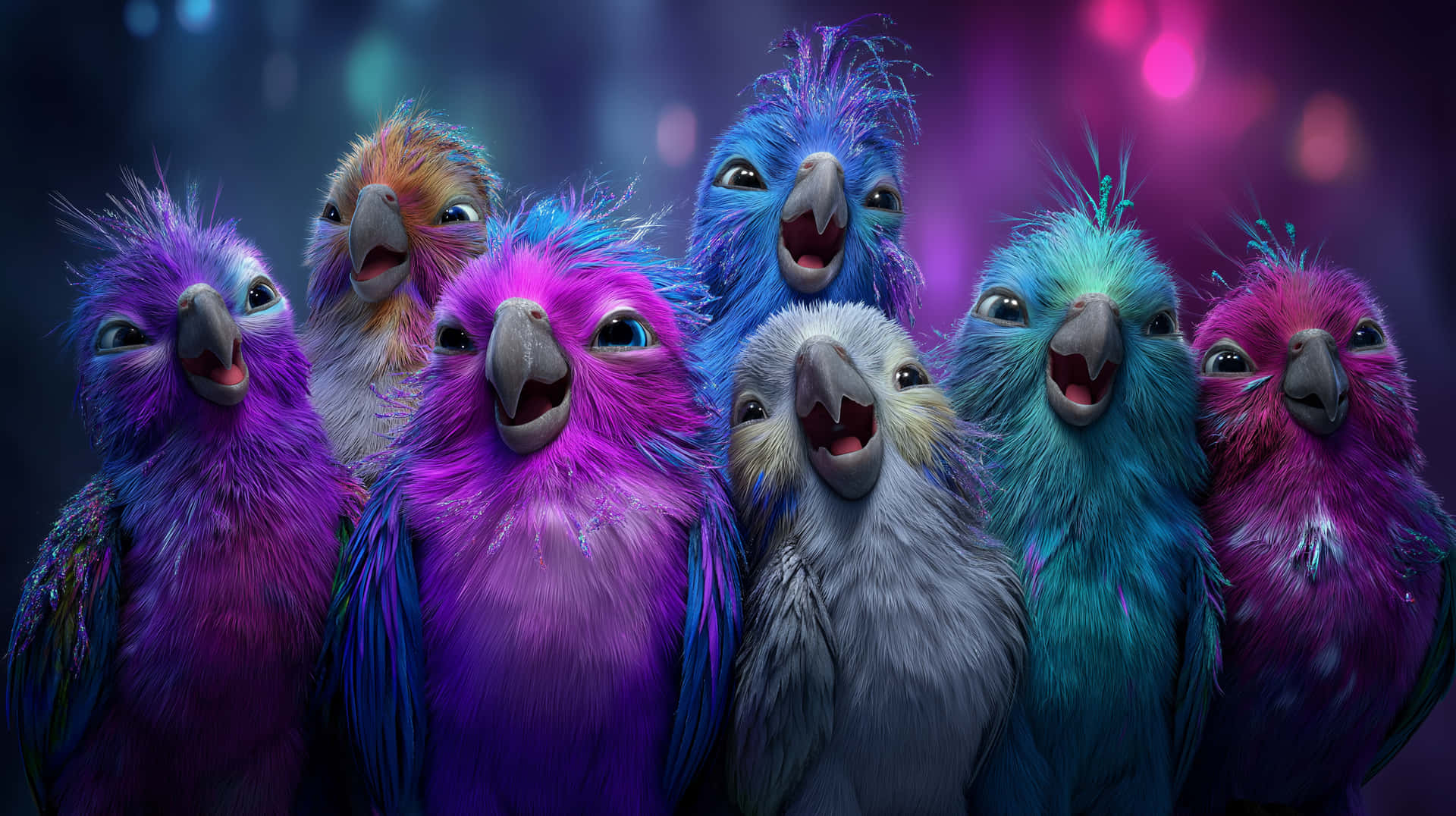 Close-up of Playful Fluffy Birds with Diverse Plumage 壁紙 — 七隻色彩繽紛、毛茸茸的鸚鵡張開喙，直視前方，背景是發光的紫色和藍色散景。
