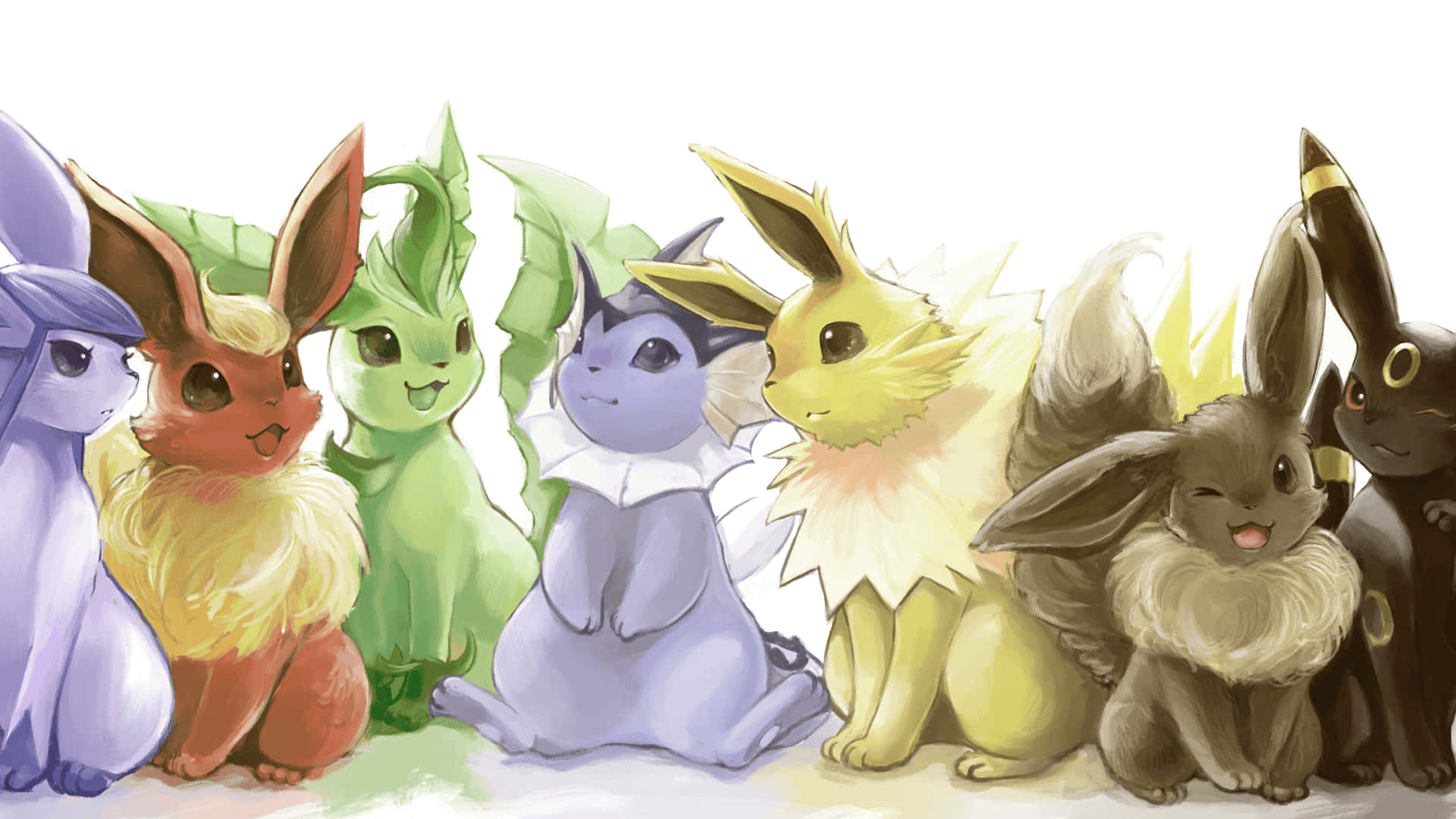 Cute Eevee 桌布 壁紙 — 七隻色彩繽紛的伊布進化型在明亮的白色背景前快樂地排排坐。