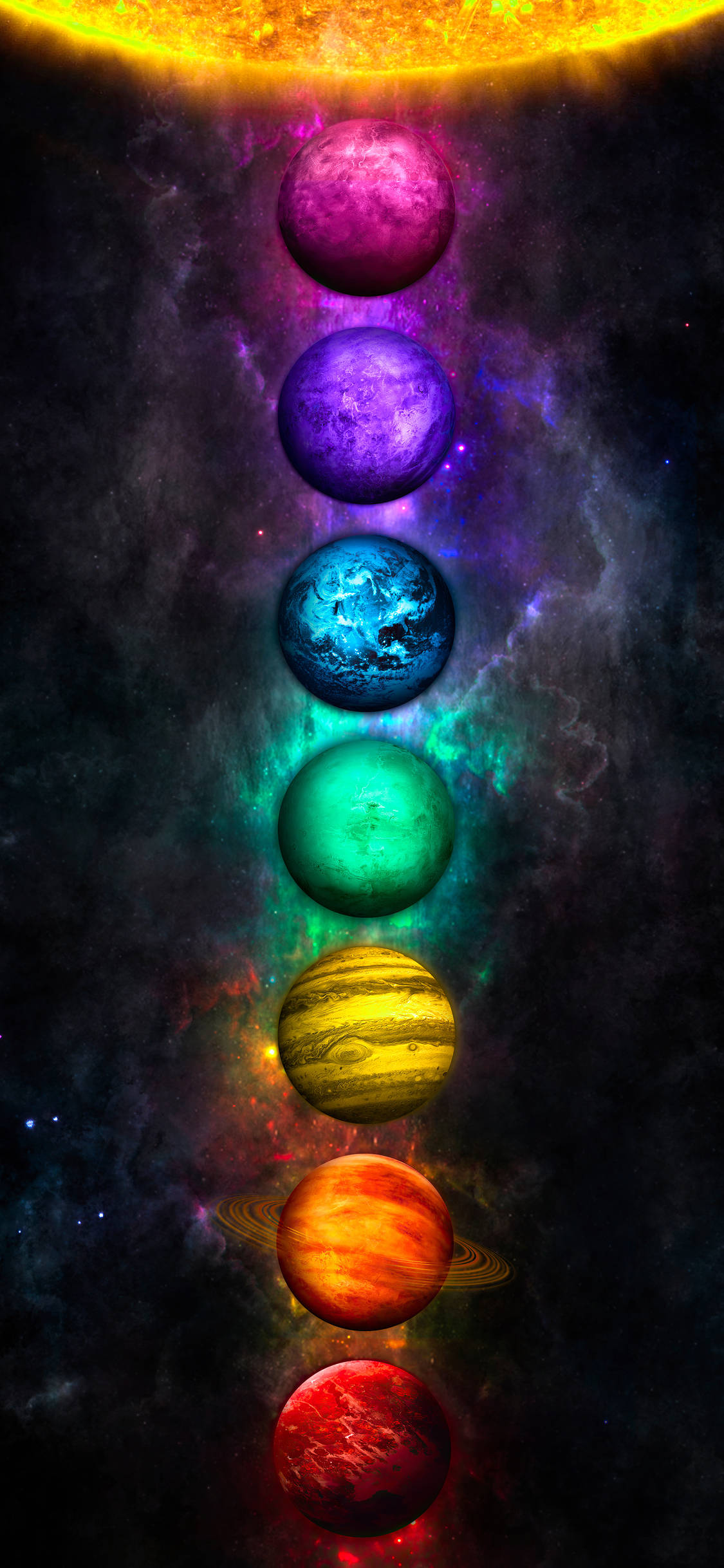 chakra 桌布 壁紙 — 七顆色彩鮮豔的行星垂直排列，背景是宇宙星雲，上方有一顆發光的太陽。