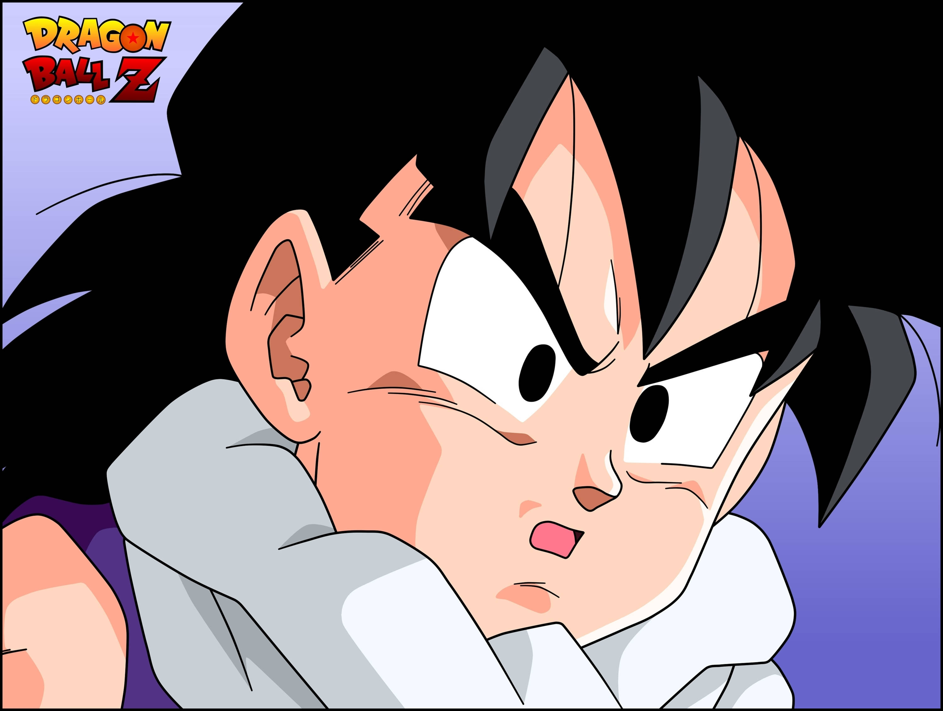 Gohan 桌布 壁紙 — 七龍珠Z中悟空的特寫，眼神銳利，表情堅定，背景黑暗。