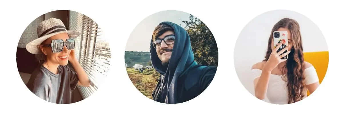 Pfp 桌布 壁紙 — 三人在圓形肖像中微笑，一人戴著新奇眼鏡，另一人穿著連帽衫，第三人拿著手機自拍。