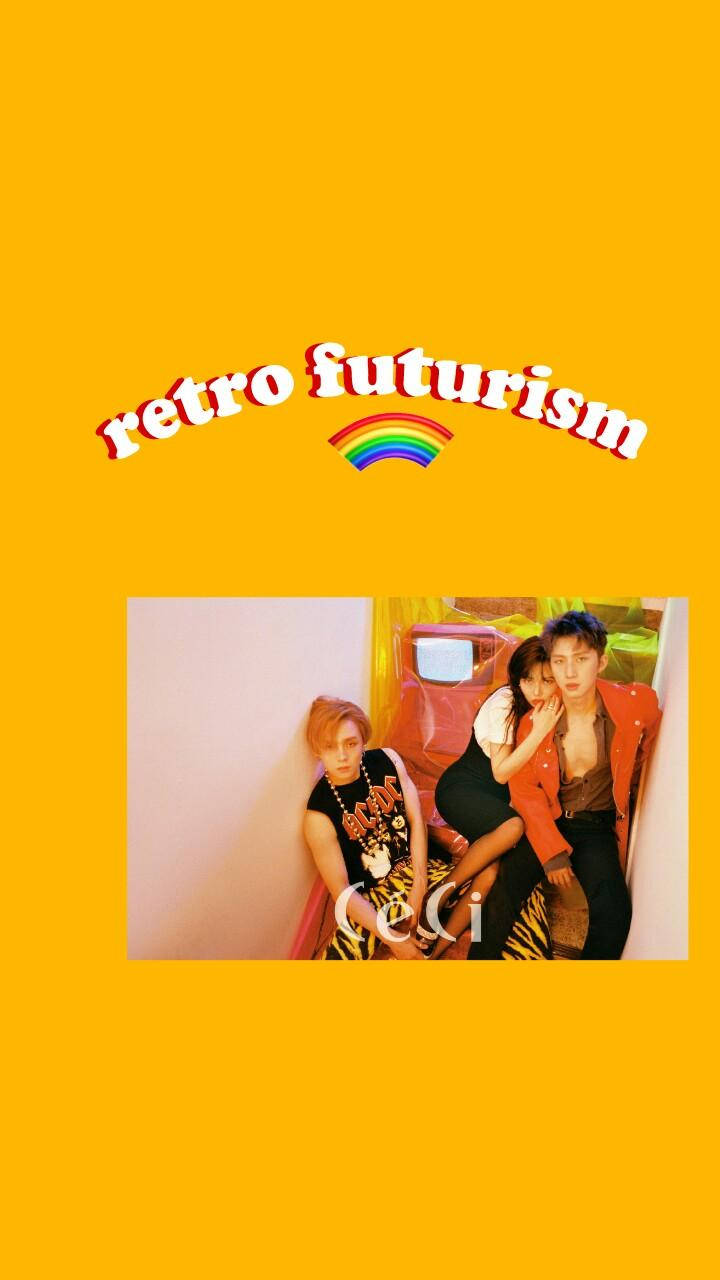 Kpop Aesthetic 桌布 壁紙 — 三人在大膽的黃色背景和彩虹文字下擺出復古未來主義的姿勢。