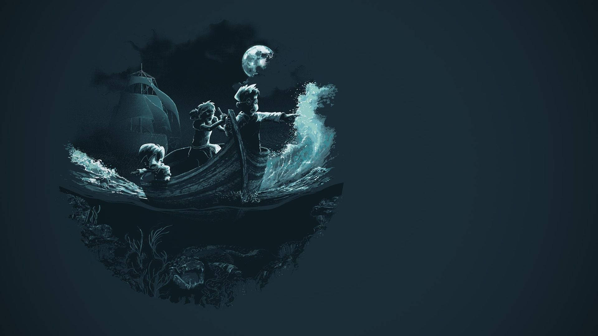 Peter Pan 桌布 壁紙 — 三人在滿月下划船穿過波濤洶湧的水域，背景有沉船。